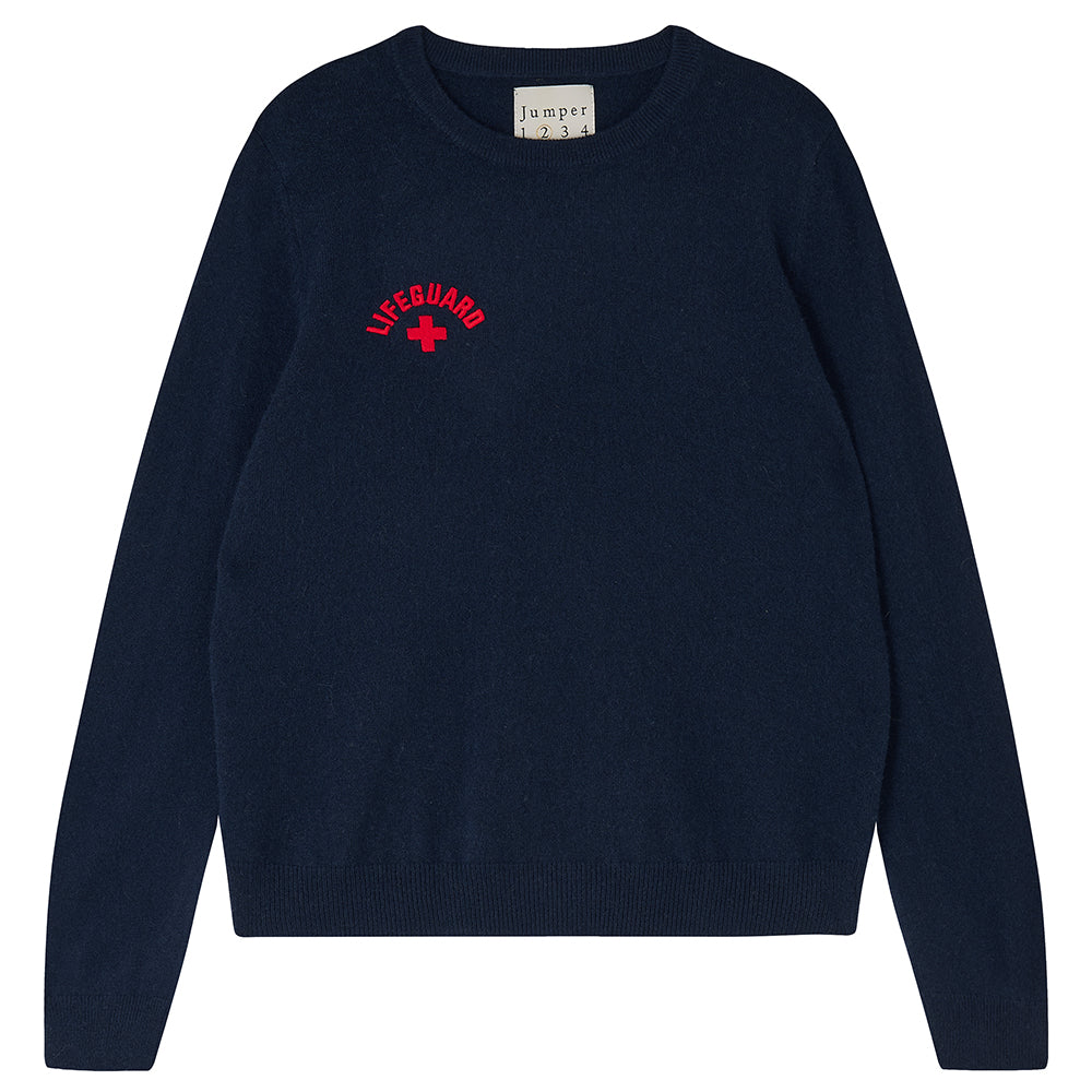 Jumper1234 Navy cashmere crew neck jumper with red embroidered lifeguard detail