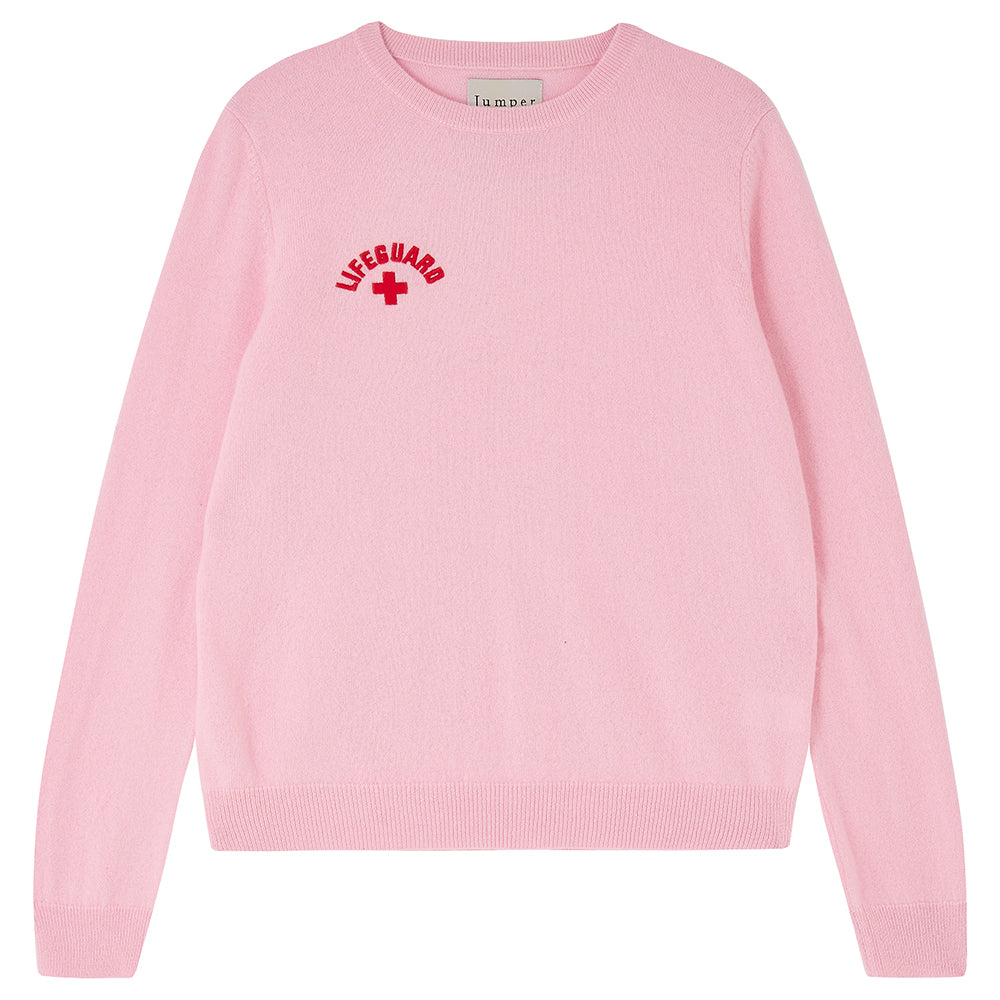 Jumper1234 Pale pink cashmere crew neck jumper with red embroidered lifeguard detail