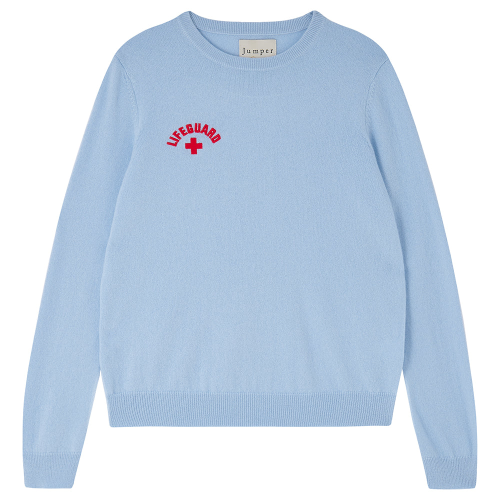 Jumper1234 Pale blue cashmere crew neck jumper with red embroidered lifeguard detail