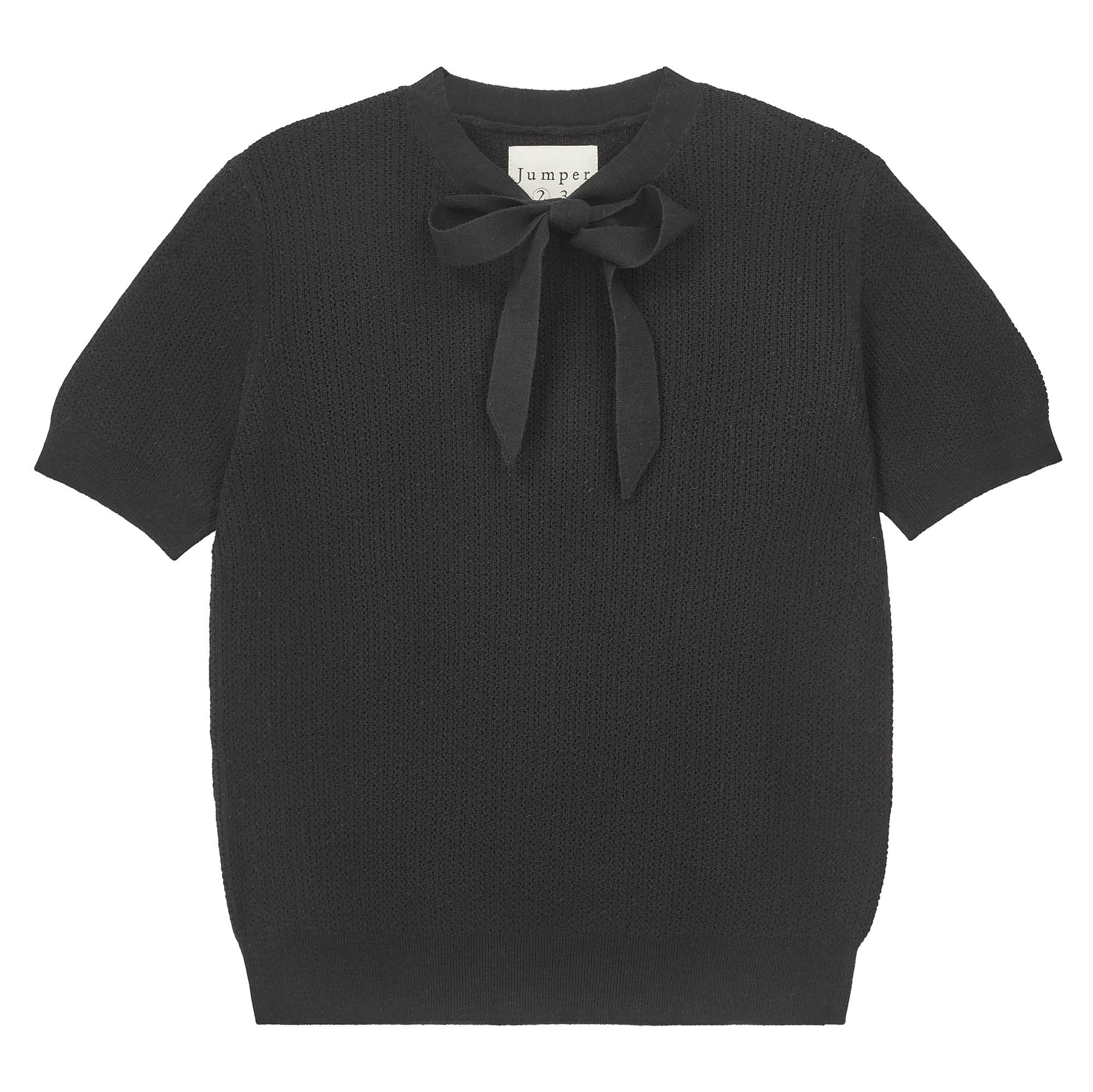 Jumper 1234 Black pointelle merino short sleeve jumper with a tie bow. 
