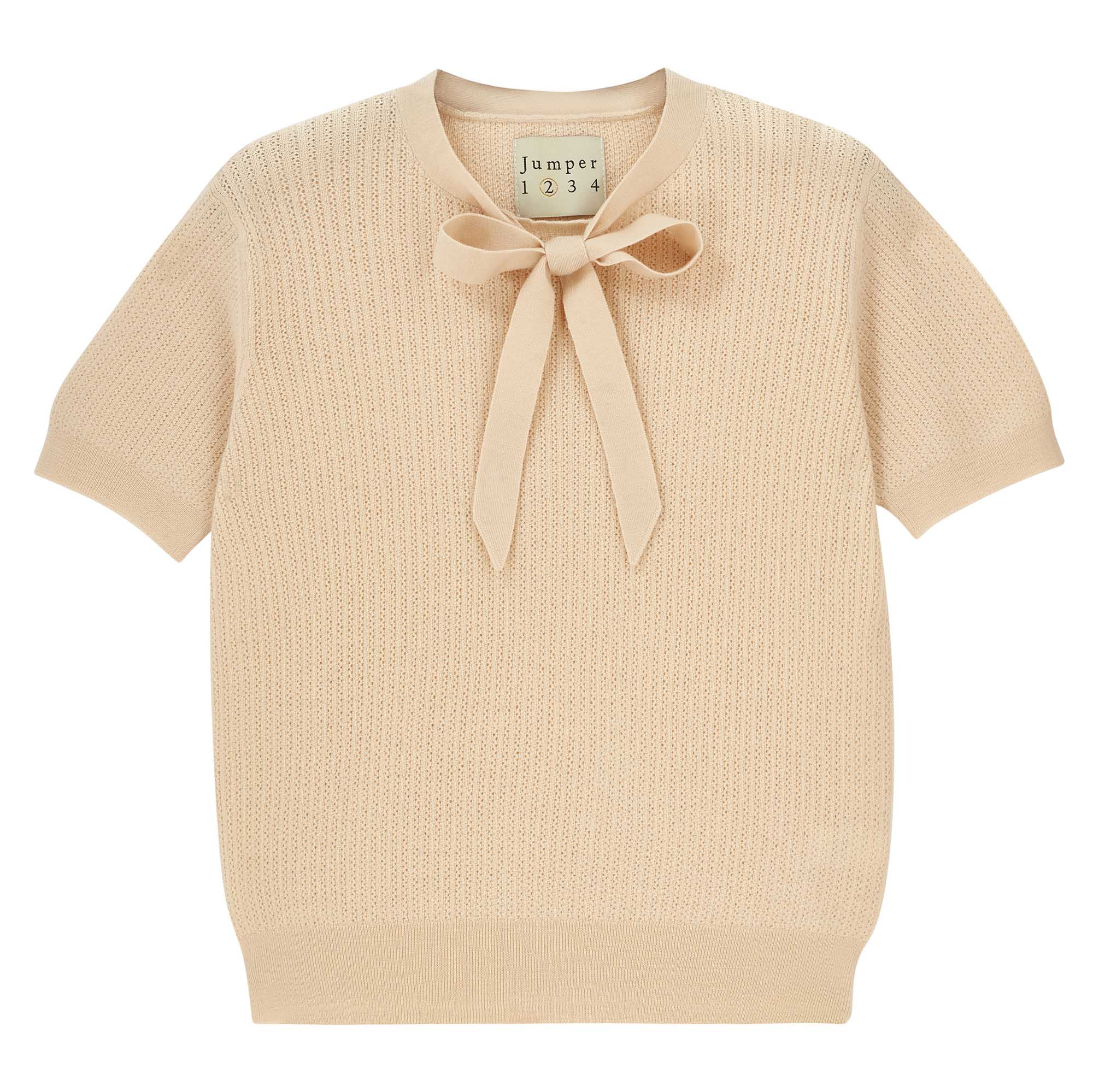 Jumper 1234 cream pointelle merino short sleeve jumper with a tie bow.