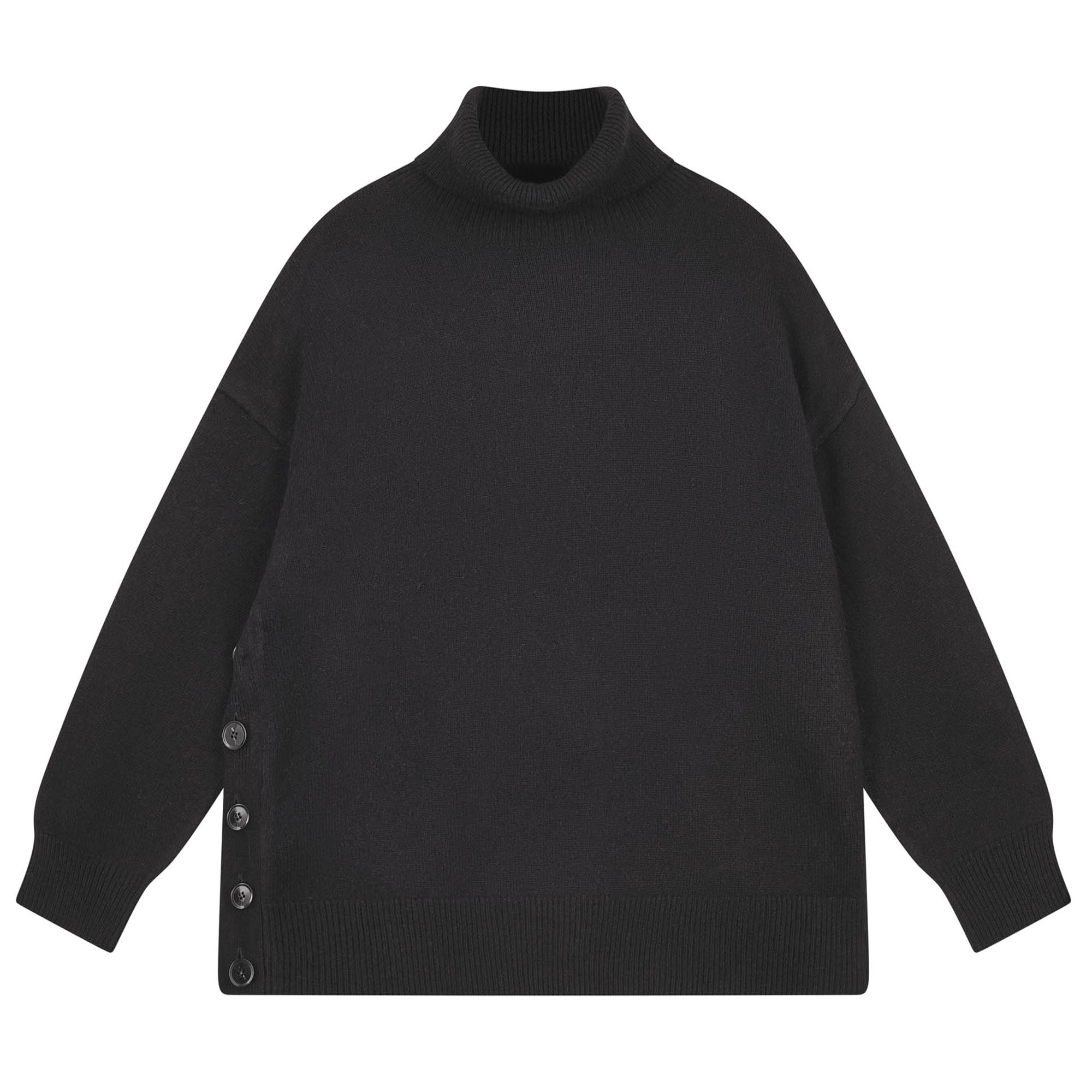Jumper 1234 Oversize black roll neck in our cashmere and wool blend, heavier weight with a great button detail on one side.