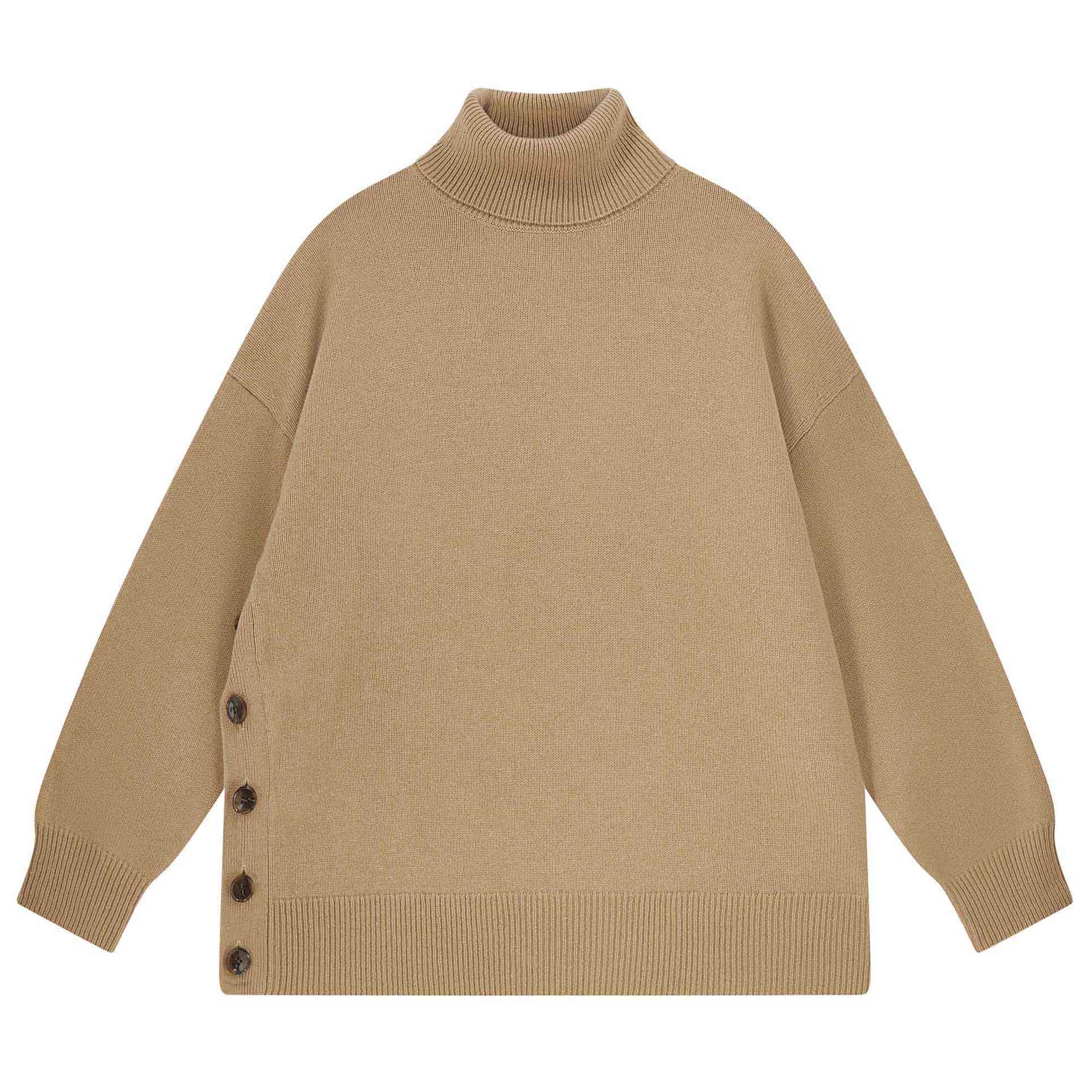 Jumper 1234 Oversize camel roll neck in our cashmere and wool blend, heavier weight with a great button detail on one side.