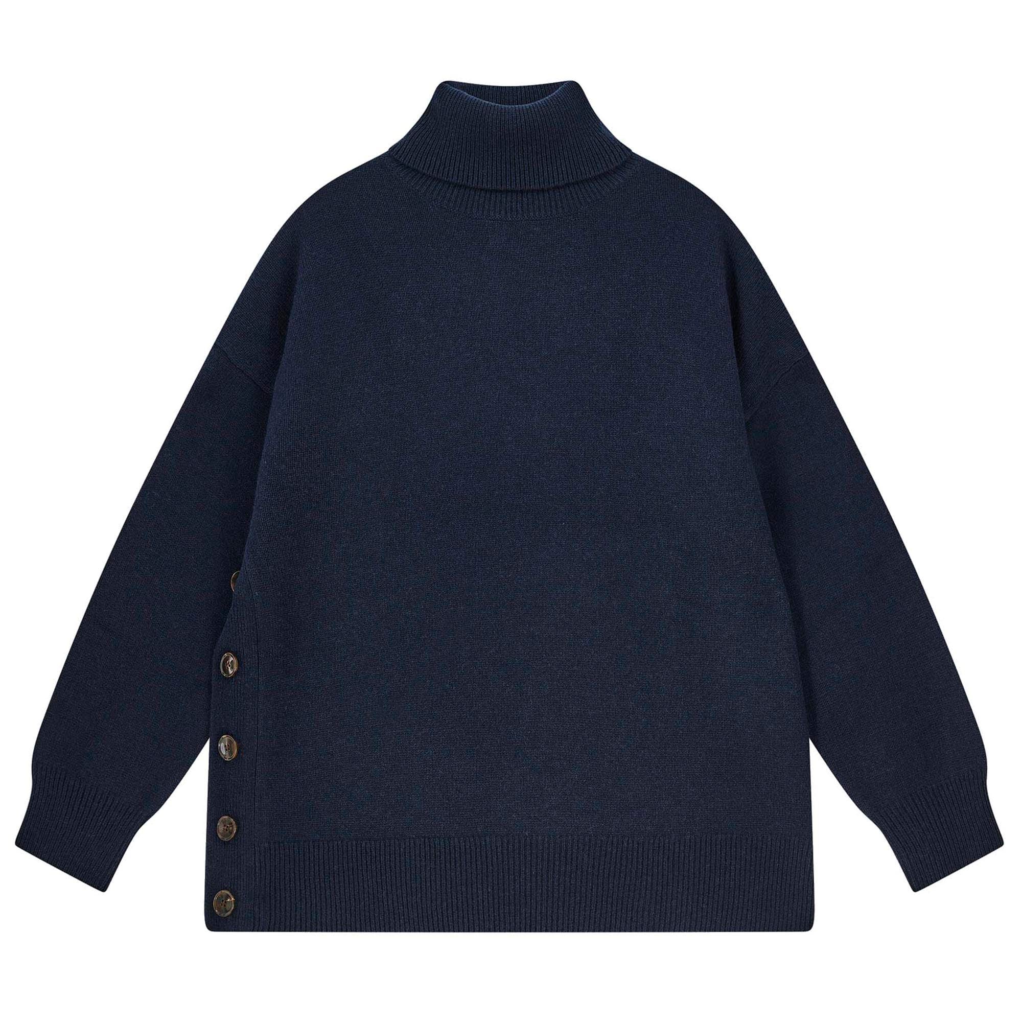 Jumper 1234 Oversize navy roll neck in our cashmere and wool blend, heavier weight with a great button detail on one side.