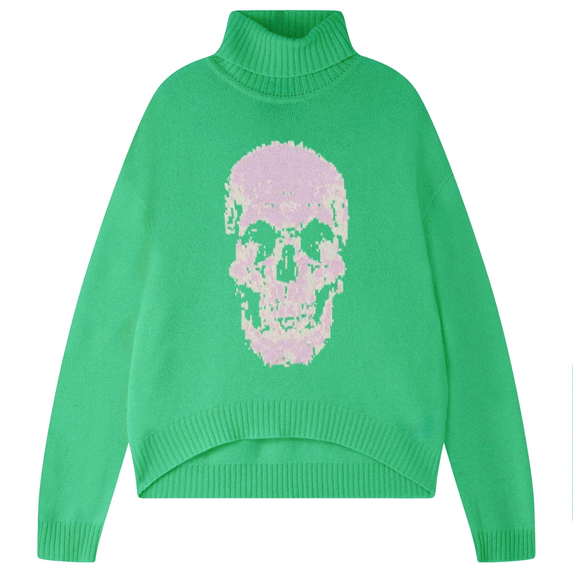 Jumper 1234 Green roll neck jumper in cashmere and wool with a fabulous skull intarsia on the front. 