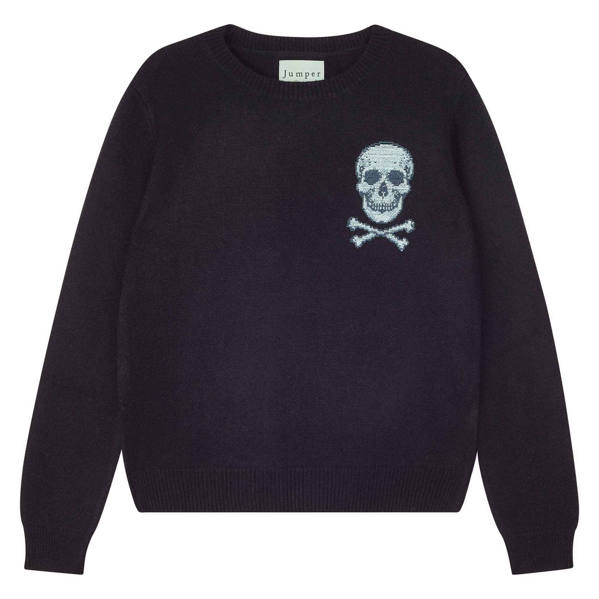 Jumper 1234 Black crew neck jumper in cashmere and wool, with an embroidered skull and crossbones on the chest.