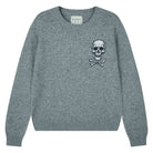 Jumper 1234 Mid grey crew neck jumper in cashmere and wool, with an embroidered skull and crossbones on the chest.
