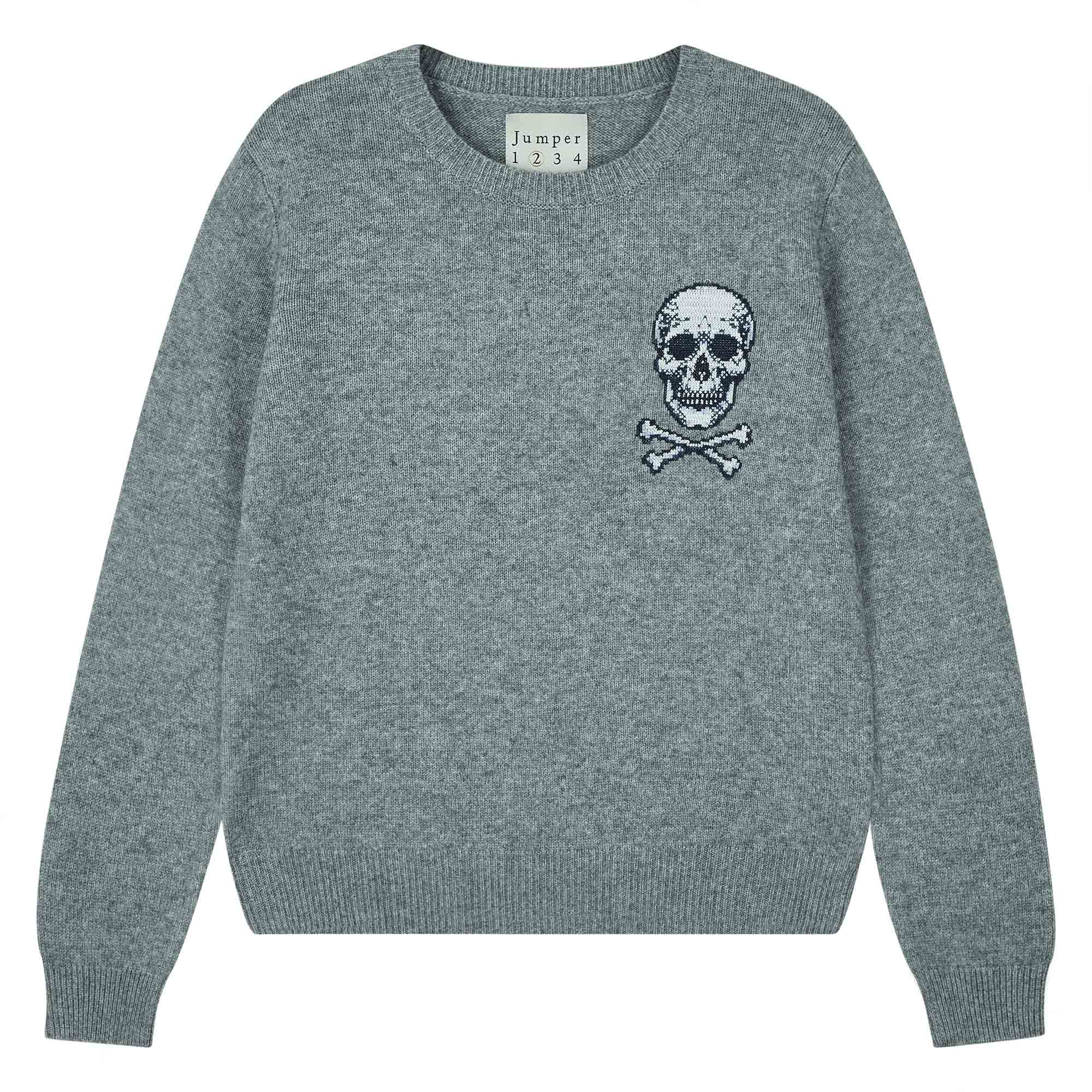 Jumper 1234 Mid grey crew neck jumper in cashmere and wool, with an embroidered skull and crossbones on the chest.