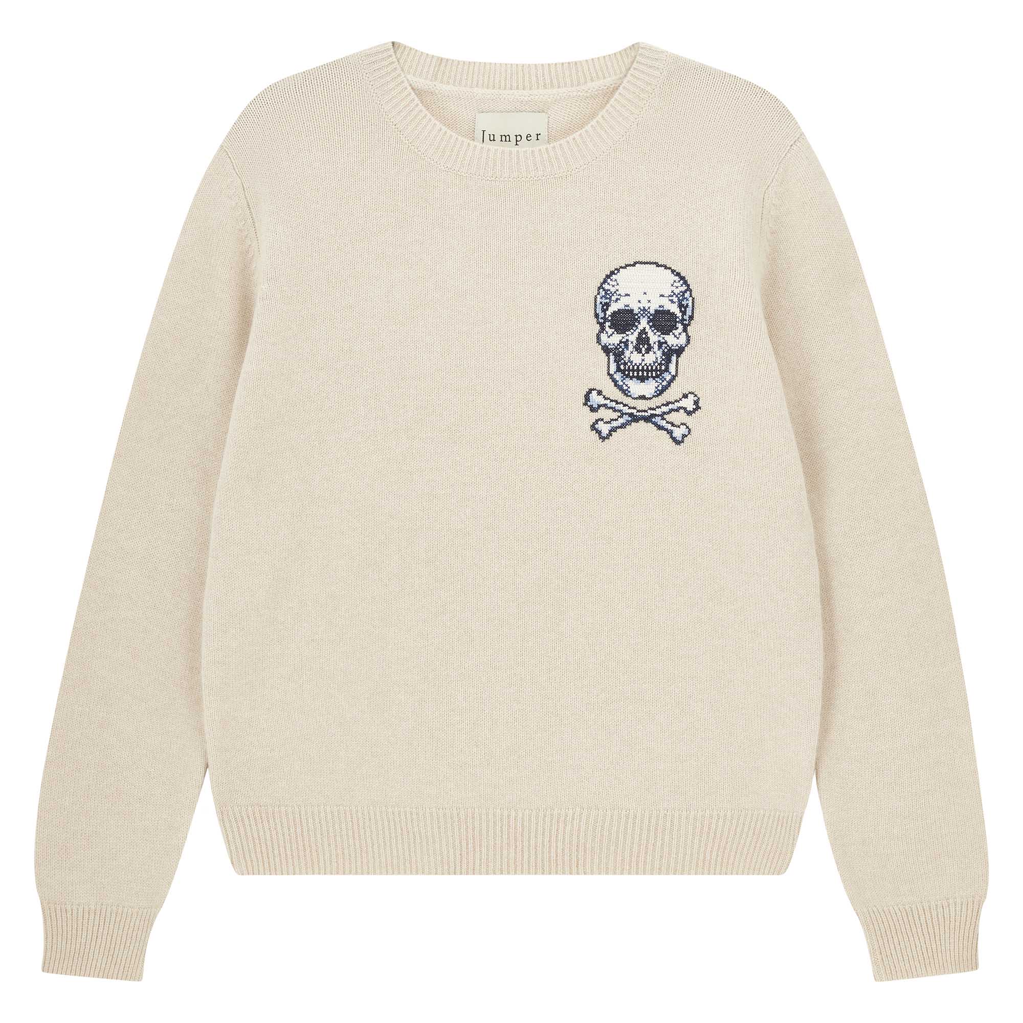 Jumper 1234 Stone crew neck jumper in cashmere and wool, with an embroidered skull and crossbones on the chest.