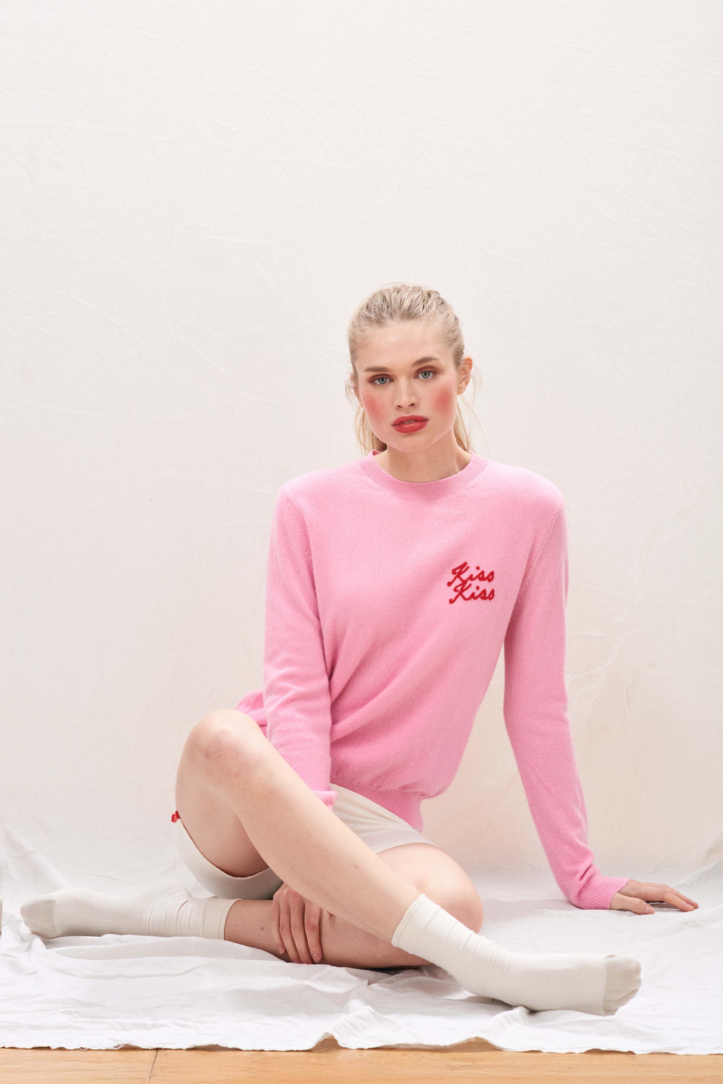 Jumper 1234 Cashmere Kiss Kiss Crew in Pink