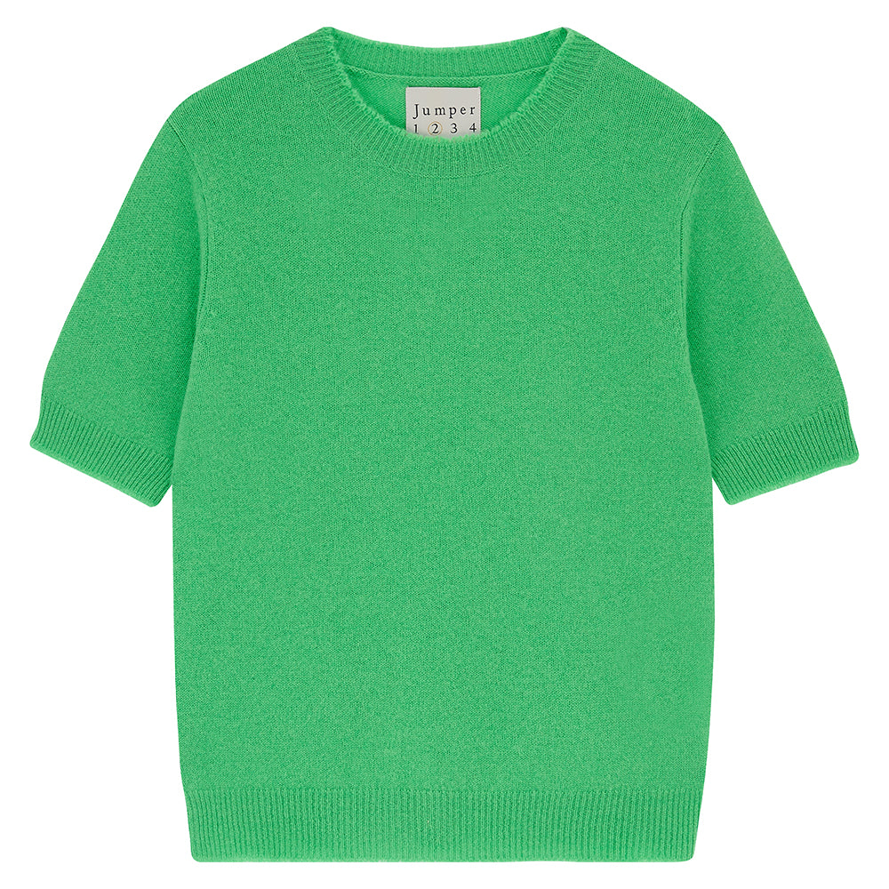 Jumper 1234 Green short sleeve cashmere jumper with 'distressed' ribs.