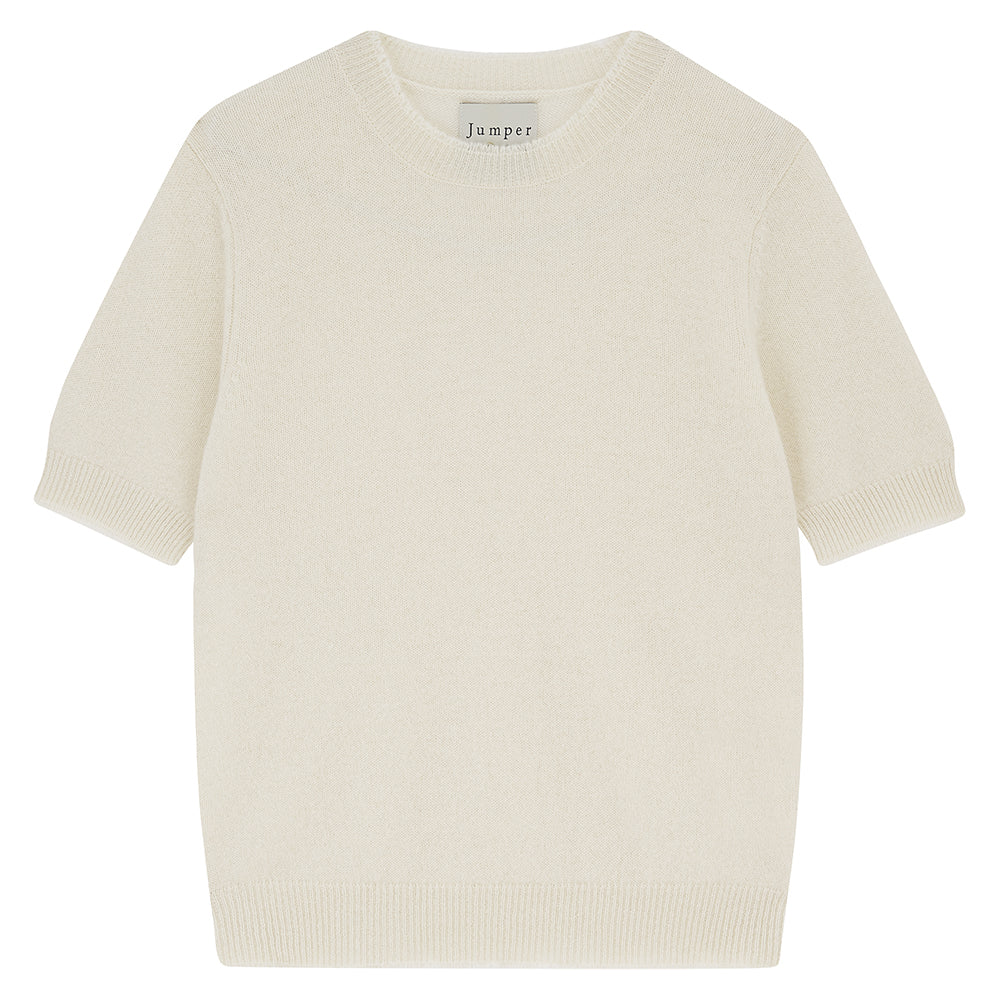 Jumper 1234 Oatmeal short sleeve cashmere jumper with 'distressed' ribs.