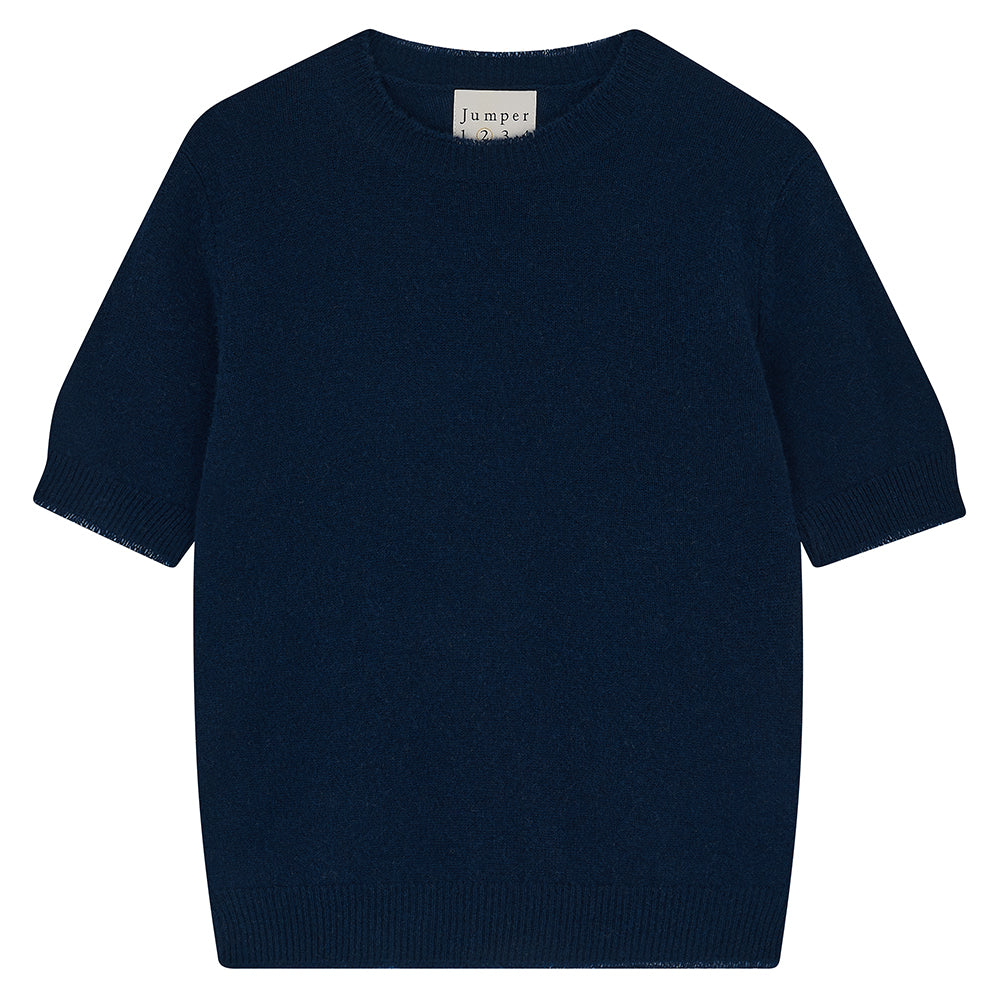 Jumper 1234 Navy short sleeve cashmere jumper with 'distressed' ribs. 