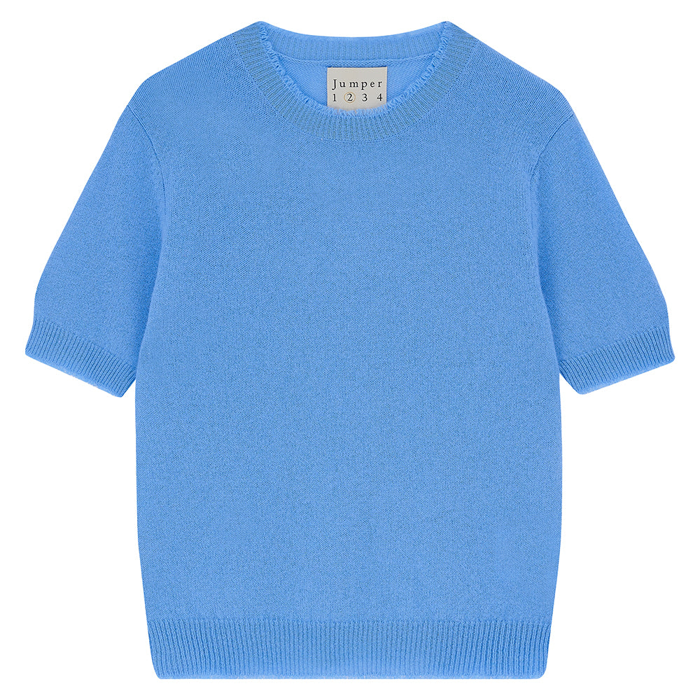 Jumper 1234 Blue short sleeve cashmere jumper with 'distressed' ribs.
