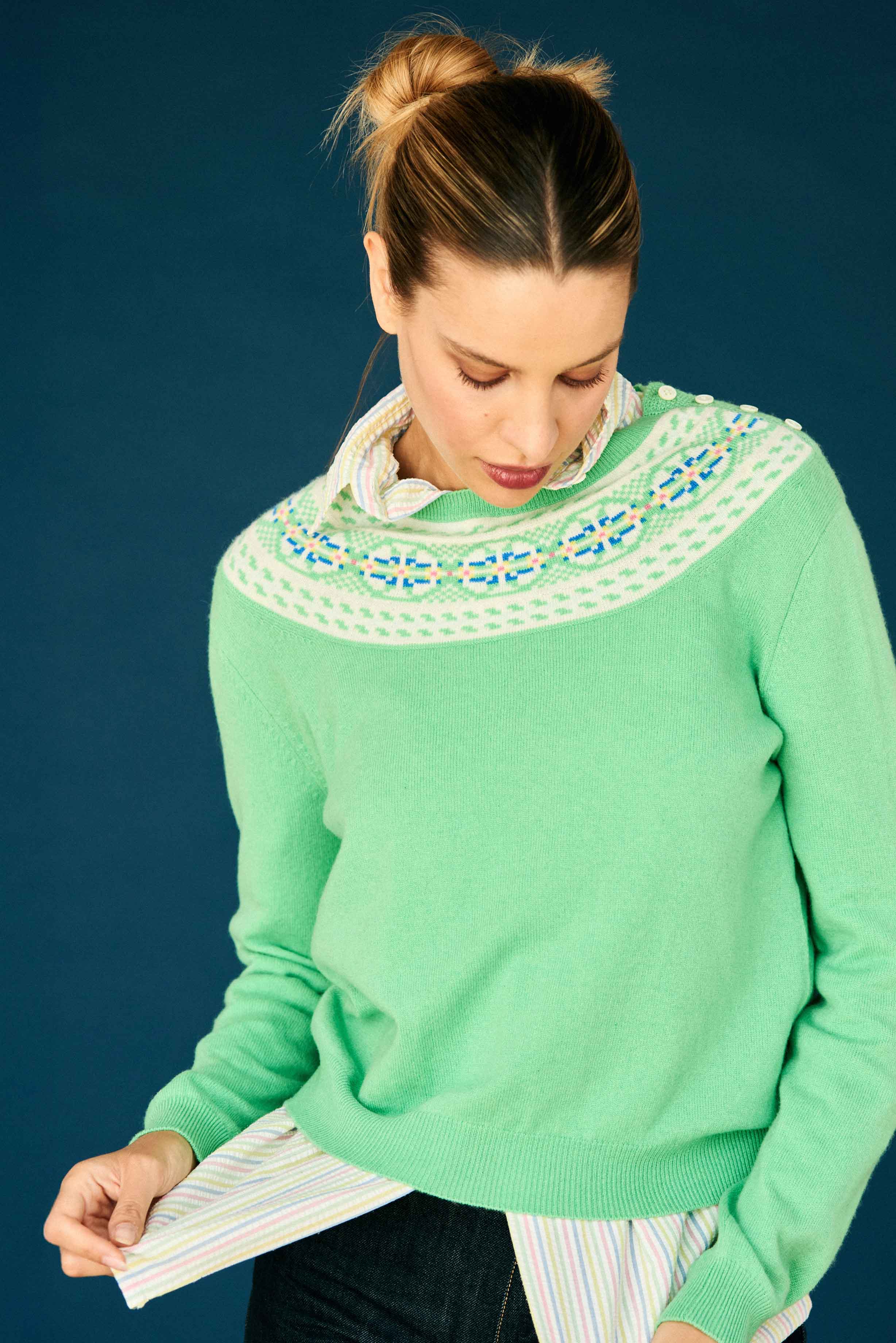 英国発 Jumper1234 モンゴル製 カシミヤ100％ ニット 2 グリーン Wool Cashmere Yoke Fair Isle Jumper Crew Neck Green | Jumper 1234