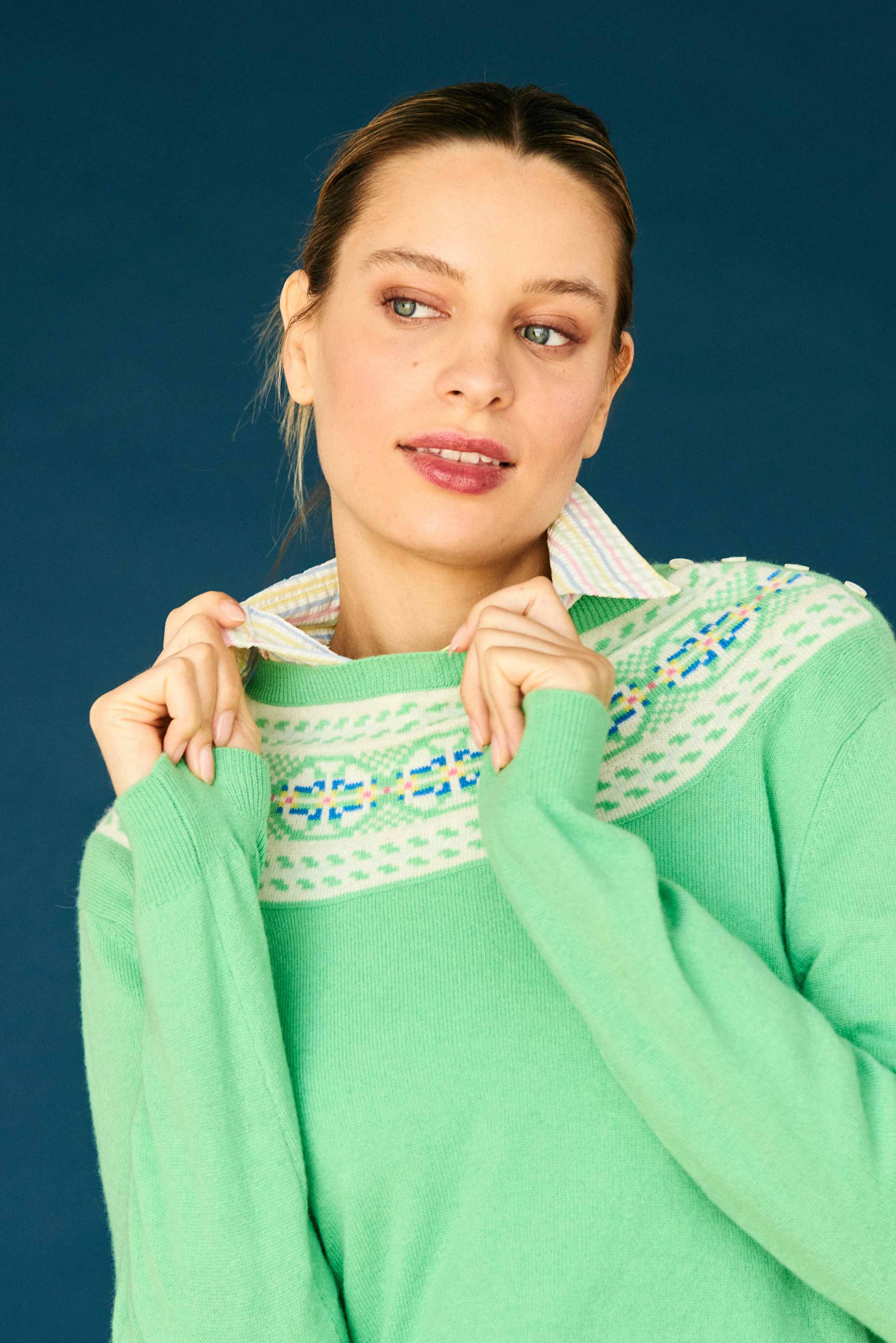 Wool Cashmere Yoke Fair Isle Jumper Crew Neck Green | Jumper 1234