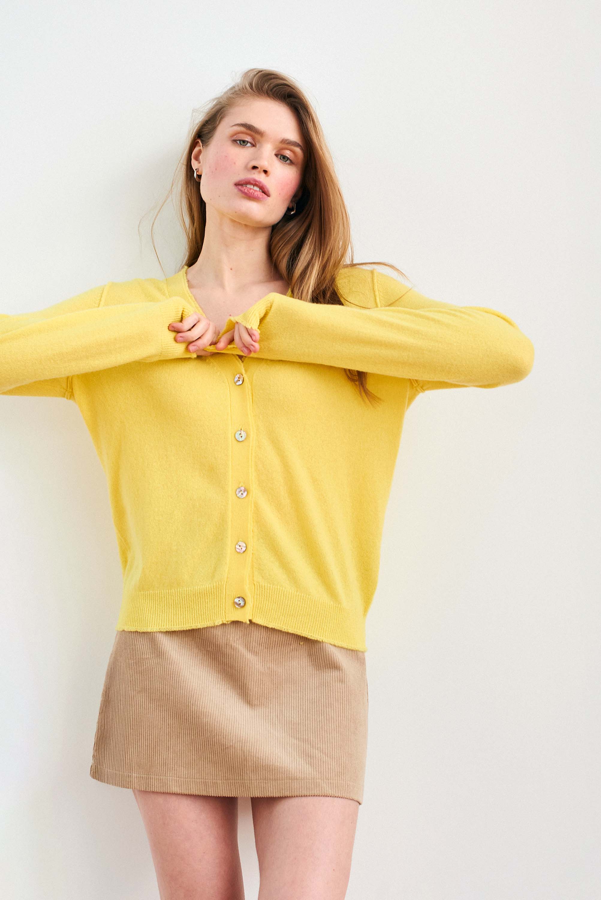 Jumper 1234 Cashmere Distressed Vee Cardigan in Yellow