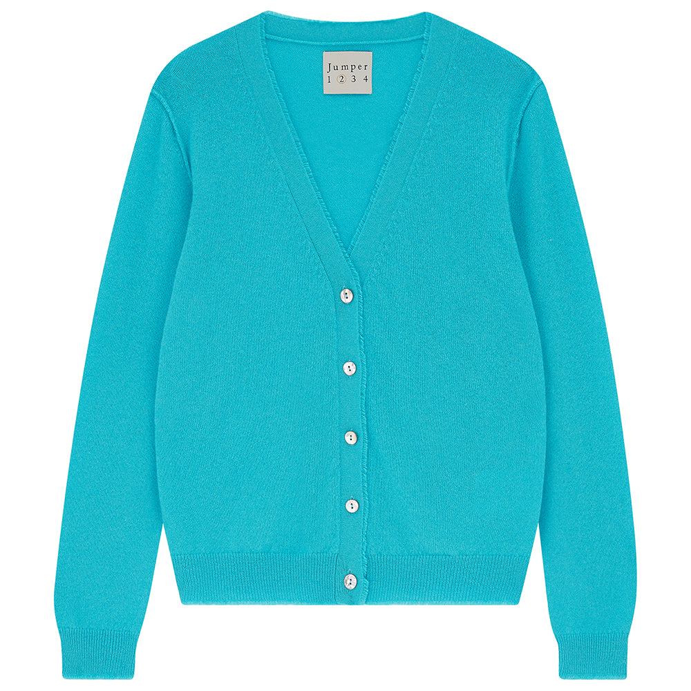 Jumper 1234 Turquoise cashmere vee neck cardigan with 'distressed' ribs.