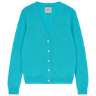 Jumper 1234 Turquoise cashmere vee neck cardigan with 'distressed' ribs.