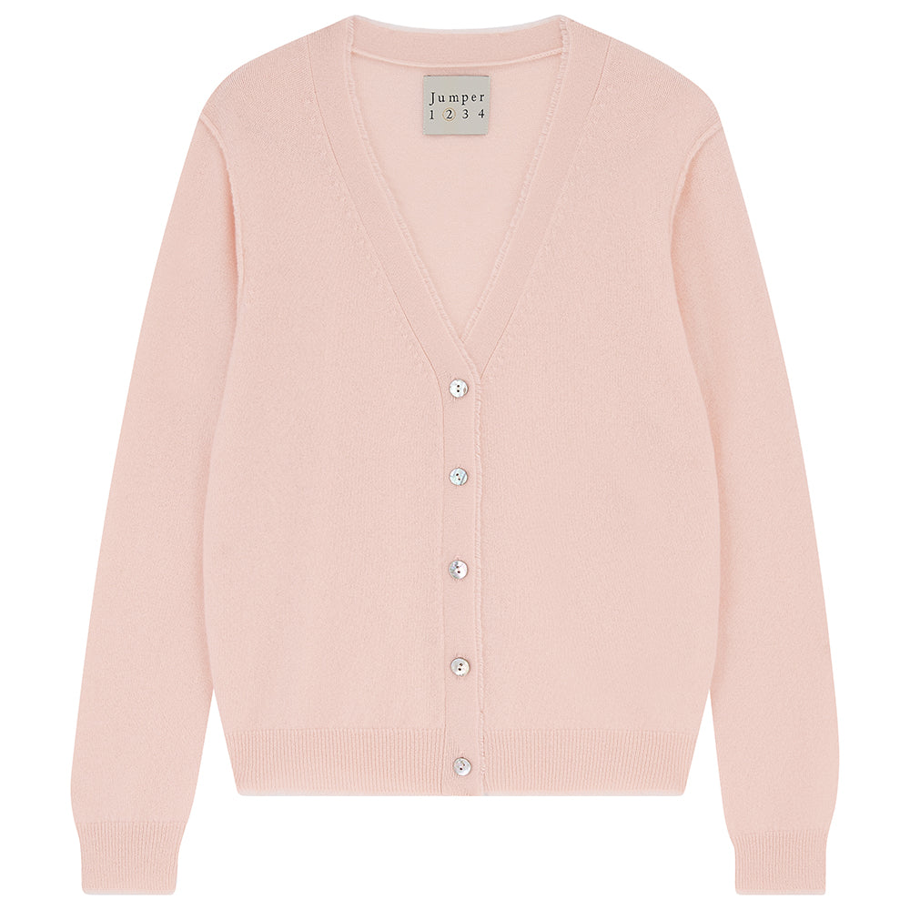 Jumper 1234 Pale Pink cashmere vee neck cardigan with 'distressed' ribs
