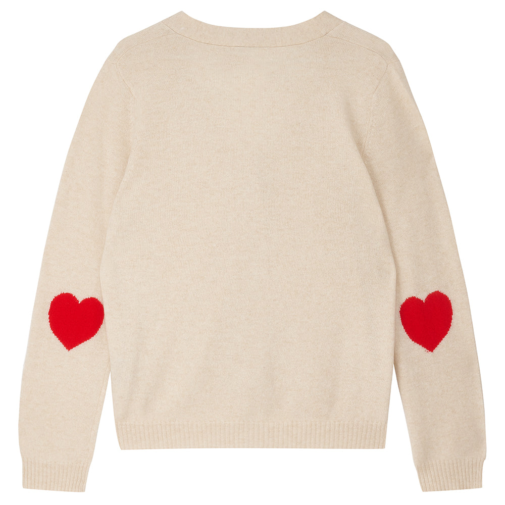 Jumper 1234 cashmere heart patch cardigan in oatmeal with red heart elbow patches back view