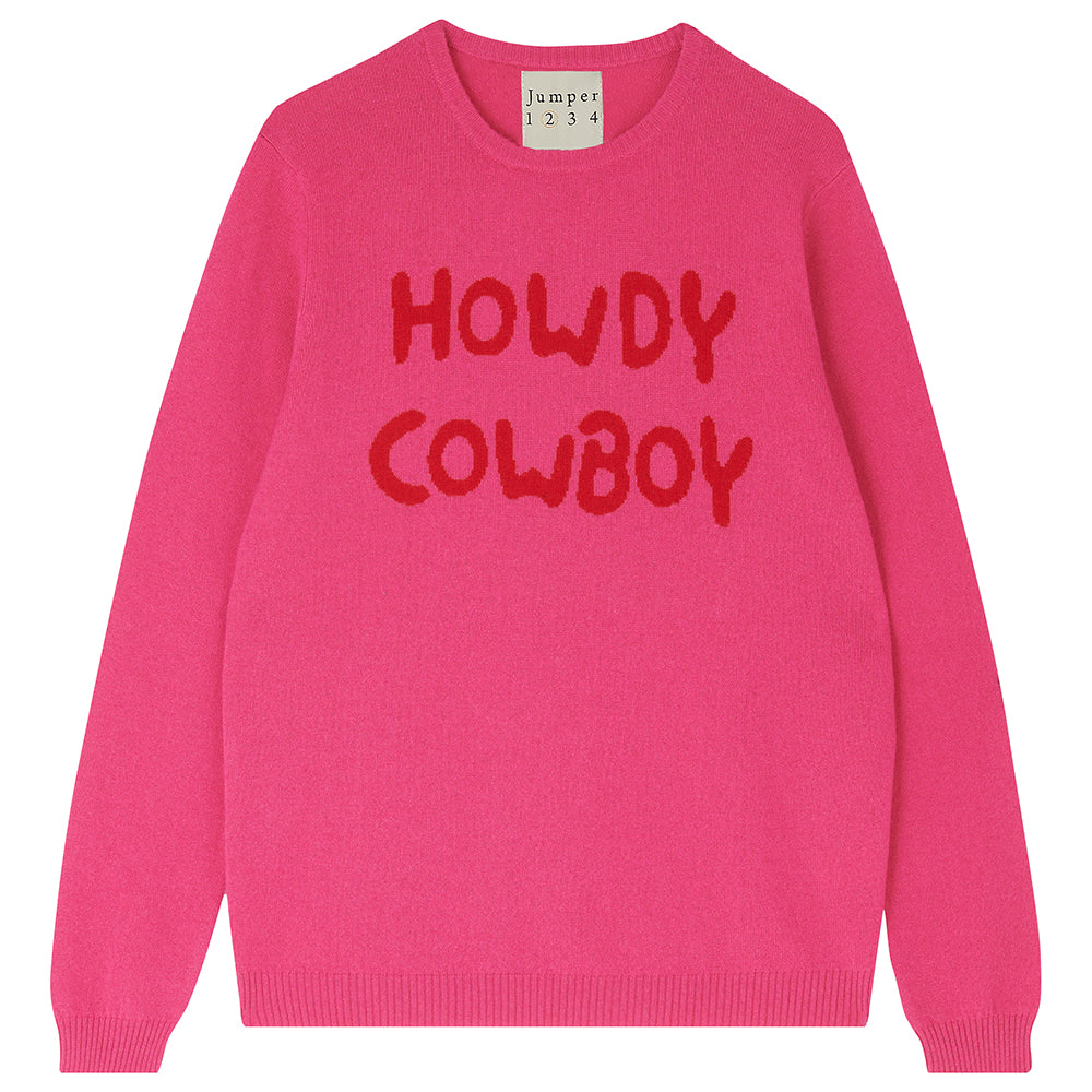 Jumper1234 "Howdy Cowboy cashmere crew" in bright pink and red.
